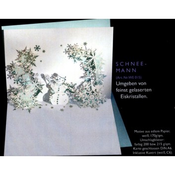  Weihnachtskarte, Pop-up - Laserstanzung; DIN A6; Schneemann; weiß auf eisblau; WE015; Querformat, Karte: 170 + ca. 200 g/qm 