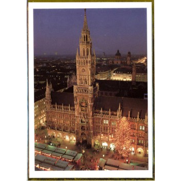  Weihnachtskarte, ohne Text; 117 x 163 mm; München: Fotomotiv: Rathaus; Rand = Goldprägung; Hochformat; weiß, naßklebend, Spitzklappe 