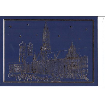  Weihnachtskarte, ohne Text; 117 x 163 mm; München: Rathaus, skizziert; Goldprägung auf dunkelblau-Glanzkarton; Querformat 