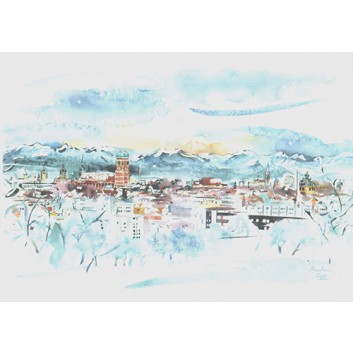  Glückwunschkarte, Aquarell-Kunstkarte; 120 x 168 mm; München: Panorama mit Alpensilhoutte; Aquarell-Künstlerkarte; B-028; Querformat 