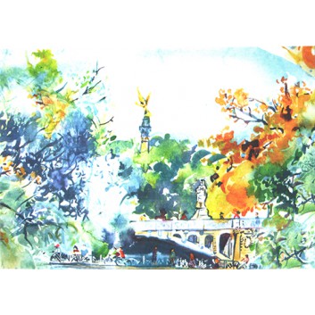  Glückwunschkarte, Aquarell-Kunstkarte; 168 x 120 mm; Friedensengel herbstlich; Aquarell-Künstlerkarte; Querformat 