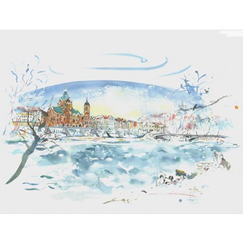  Glückwunschkarte, Aquarell-Kunstkarte; 120 x 168 mm; München: An der Isar mit Lukaskirche; Aquarell-Künstlerkarte; B-082; Querformat 