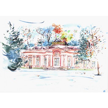  Glückwunschkarte, Aquarell-Kunstkarte; 168 x 120 mm; Amalienburg im Nymphenburger Schlosspark; Aquarell-Künstlerkarte; Querformat 