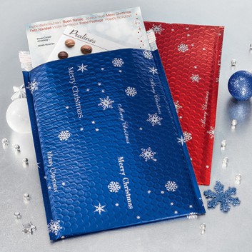 Weihnachts-Luftpolstertasche; Eiskristalle, metallic: blau/rot; 250 x 335 mm; für DIN A4; ohne Fenster; #17/G; außen+innen: Metallicfolie 