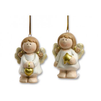  Weihnachts-Deko-Anhänger; Engel mit Herz oder Stern; weiß-gold; ca. 4,5 x 3,5 x 6,5 cm (L x B x H); mit Goldband; 2 Motive sortiert; Keramik 
