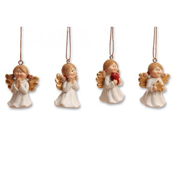  Weihnachts-Deko-Anhänger; Engel; weiß mit Goldflügeln; ca. 4 x 2,5 x 5 cm (L x B x H); mit Aufhängeband; 4 Motive sortiert; Steinharz 