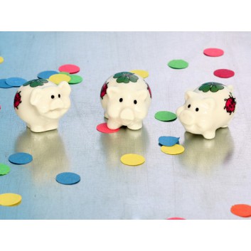  Glücksbringer; Glücksschwein mit Kleeblatt+Marienkäfer; weiß; ca. 4,5 x 2,5 x 2,5 cm    (L x B x H); Kleeblatt, Marienkäfer; Porzellan 