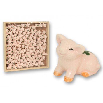  Glücksbringer; Glücksschwein mit Kleeblatt; rosa; ca. 4,5 x 2,5 x 3 cm     (L x B x H); sortiert / sitzend; Porzellan; -Sonderpreis- 