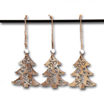  Weihnachts-Deko-Anhänger; Holz-Tannen 3er-Pack; natur-weiß; ca. 8 x 0,5 x 8 cm ( L x B x H); mit Anhängekordel; Schichtholz 