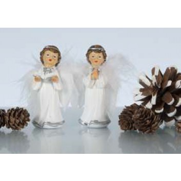  Weihnachts-Deko: Figur; Engel mit Federflügeln; weiß-silber; 4 x 3,5 x 8 cm; mit Federflügeln; Steinharz 