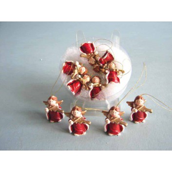  Weihnachts-Deko-Anhänger; Engel mit Musikinstrumenten; rot-weiß-gold; ca. 2 x 3 cm; mit goldenem Anhängefaden; Poly 