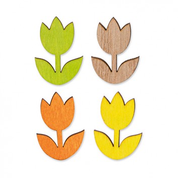  Deko-Aufkleber: Tulpen; Tulpenblüten aus Holz mit Klebepunkt; gelb-orange-grün-natur - 4-fach sortiert; ca. 2,8 x 4 cm; - keine Farbwahl möglich - 