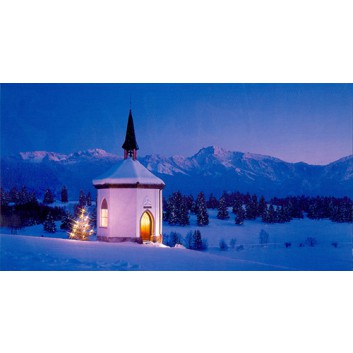  Horn Weihnachts-Postkarten; 12,5 x 23 cm; verschneite Kapelle in den Bergen; bläulicher Hintergrund; 22-H3304 