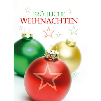  Skorpion Weihnachts-Klammerkärtchen; 55 x 75 mm; Fotomotiv: Weihnachtskugeln; rot-grün-gold auf weiß; 22sk4709; Hochformat 
