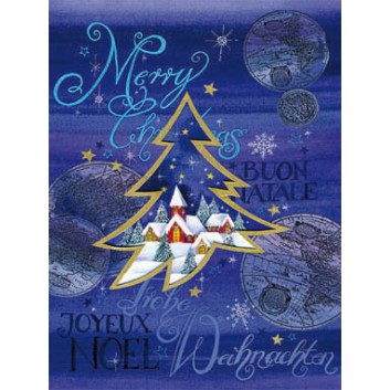  Sü Weihnachts-Klammerkärtchen; 51 x 66 mm; Tanne und internationaler Text; dunkelblau-gold; 22-MK03; Hochformat; kein Kuvert 