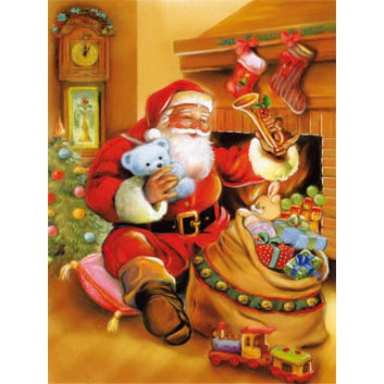  Sü Weihnachts-Klammerkärtchen; 51 x 66 mm; Nikolaus mit Sack voller Pakete; bunt; 22-MK06; Hochformat; kein Kuvert, Klammer in rot 