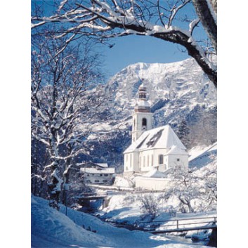  Sü Weihnachts-Klammerkärtchen; 51 x 66 mm; Fotomotiv: Kirche im Schnee; blau; 22-MK07; Hochformat; kein Kuvert, Klammer in weiß 