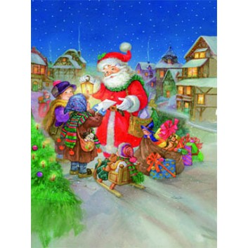  Sü Weihnachts-Klammerkärtchen; 51 x 66 mm; Nikolaus mit Kindern im Dorf; bunt; 22-MK12; Hochformat; kein Kuvert, Klammer in grün 