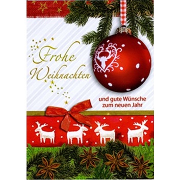  Sü Weihnachts-Beilegekärtchen; 76 x 105 mm; rote Kugel, Rentiere, Sternarnis; grün-rot-weiß-braun; 22_M110; Hochformat 