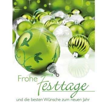  Skorpion Weihnachts-Beilegekärtchen; 70 x 90 mm; Fotomotiv: Weihnachtskugeln; grün-creme; 22sk4503; Hochformat 