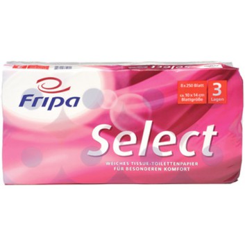  fripa Toilettenpapier, Select; 3-lagig; hochweiß; 250 Blatt; 100% Zellstoff; PEFC zertifiziert; Blattformat ca. 10x14 cm; Dekorprägung 