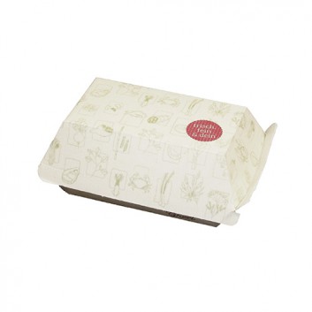  Pommes Box XS Greet weiß Clamshell; Boden: 55 x 110 x 65 /oben: 87x 136mm; Greet, weiß; weiß mit Druck in olivgrün 