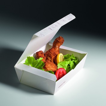  Snack Box L Greet weiß; Boden: 180 x 120 x 55 /oben: 200 x 140mm; Greet, weiß; weiß mit Druck in taupe; Zellulose,unbeschichtet - biol. abbaubar 