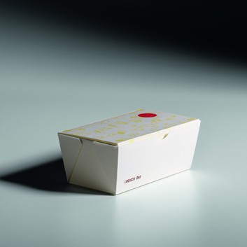  Snack Box S Greet weiß; Boden: 127 x 65 x 55 /oben: 145 x 82mm; Greet, weiß; weiß mit Druck in gelb; Zellulose,unbeschichtet - biol. abbaubar 