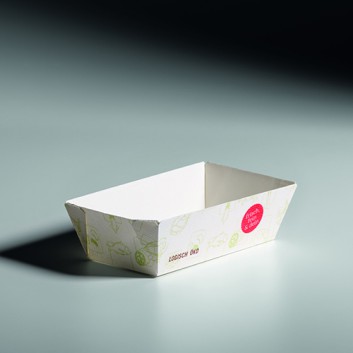 Snack Tray S Greet weiß offen   ; Boden: 130 x 65 x 45 / oben: 150 x 90mm; Greet, weiß; weiß mit Druck in olivgrün 