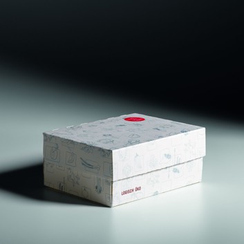  Meal Box XXL Greet weiß zum Falten; Boden: 200 x 150 x 85 /oben: 204 x 155mm; Greet, weiß; weiß mit Druck in hellblau 