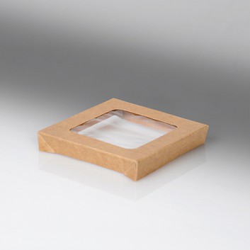  Snackbox-Deckel S braun mit PLA-Fenster; S: Deckel+Fenster: 120 x 120 mm; Umami; braun; Zellulose, Fenster aus PLA 