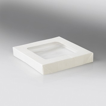  Snackbox-Deckel M weiß mit PLA-Fenster; M: Deckel+Fenster: 155 x 155 mm; Umami; weiß; Zellulose, Fenster aus PLA 