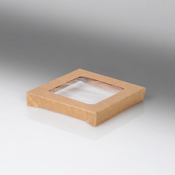  Snackbox-Deckel M braun mit PLA-Fenster; M: Deckel+Fenster: 155 x 155 mm; Umami; braun; Zellulose, Fenster aus PLA 