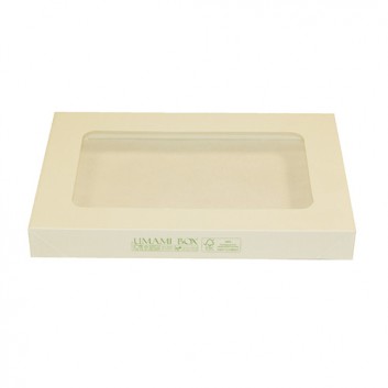  Snackbox-Deckel R weiß mit PLA-Fenster; R: Deckel+Fenster: 220 x 150 mm; Umami; weiß; Zellulose, Fenster aus PLA 