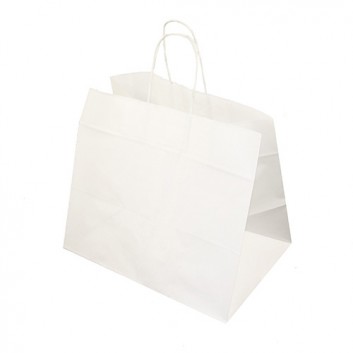  Papier-Tragetasche für Torten; 32 + 22 x 27 cm; unbedruckt; weiß; gedrehte Papierkordel,extrabreiter Boden; Papier; ca. 80 g/qm 