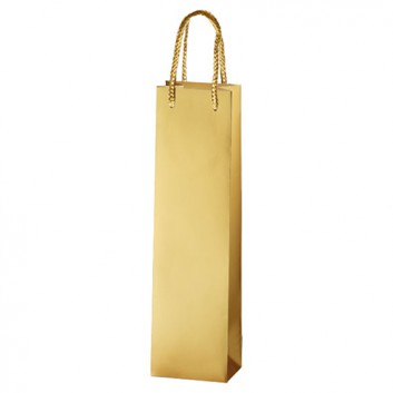  1er Sekt-Flaschentragetasche mit Kordel; 10 + 8 x 36 cm; für 1 Sektflasche; uni, Mattlanz, Metallicpapier; gold; mit Kordel; Metallicpapier 