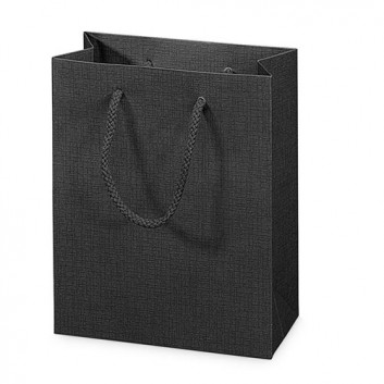  Präsenttasche; 17 + 8,5 x 21 cm; für 1 Flasche Boxbeutel; uni, Strukturprägung seidenmatt; schwarz, innen: schwarz 