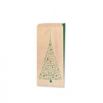  Weihnachts-Faltenbeutel; 20 + 7 x 45 cm; Weihnachtsgrüße: Tannenbaum, grün; grün auf braun; Kraftpapier, braun ca. 35-40g/qm 
