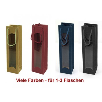  3er Flaschentragetasche mit Sichtfenster; 27 + 8,5 x 36 cm; 3 Flaschen; uni; verschiedene Farben; mit Sichtfenster; offene Welle 