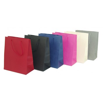  Exklusivtragetasche mit Kordel; 20 + 10 x 24 cm; uni; viele Farben; mit Kordel in Taschenfarbe; Luxuspapier matt, glatt oder gerippt 