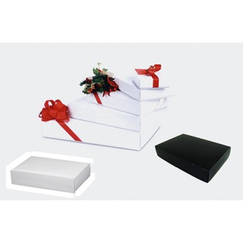  Präsent-Stülpdeckelkarton; verschiedene Formate; uni; weiß / schwarz - Lack, glänzend; 2-teilig (Boden+Deckel); Vollpappe, glanzplastifiziert 