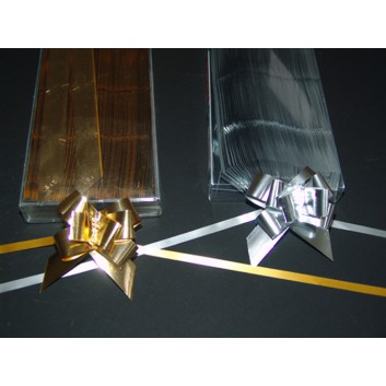  Poly-Zugschleife 100 Stück-Packung; uni: metallic-glänzend; gold / silber; Polyband/Kräuselband metallisiert; Bandbreite 15 mm, fertig abgelängt 