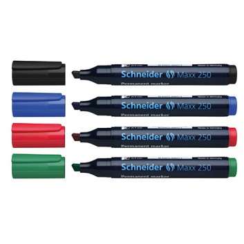  Schneider Maxx 250 Permanentmarker; 4 Farben; 2+7 mm; Keilspitze; nachfüllbar; Permanentmarker; Schaft blau, Kappe+Clip in Schreibfarbe 
