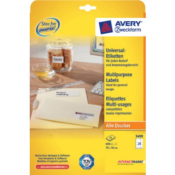  Avery Zweckform Universal-Etiketten; 38,1 x 21,2 mm; weiß; Papier; permanent; für Inkjet-, Laserdrucker und Kopierer; 25 Blatt; 65 Etiketten 