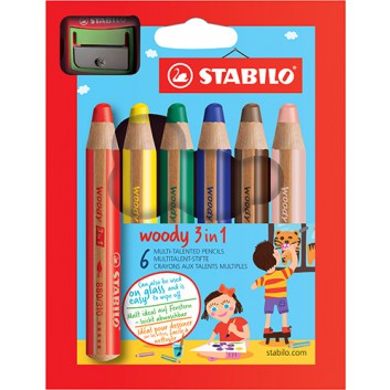  STABILO Woody 3-in-1; 6er Etui;Farbe des Schaftes in Minenfar; rund, extradick; kurz: 100 mm / Druchmesser 15 mm; Multitalentstift 