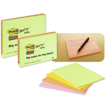  Post-it Haftnotizen Super Sticky Meeting Notes; 200 x 149 mm; grün, orange, pink, gelb; Papier; stark, ablösbar; 4 Blöcke á 45 Blatt 