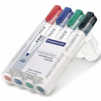  STAEDTLER Lumocolor 351Whiteboardmarker 4er Etui; sortiert: je 1x schwarz, rot, blau, grün; ca. 2 mm; Rundspitze 