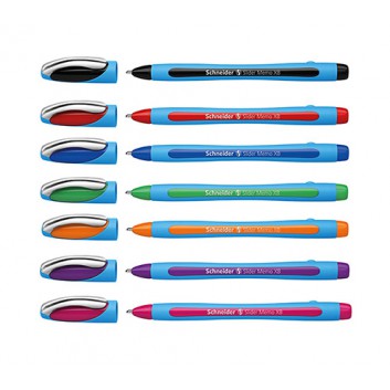  Schneider Slider Memo XB Kugelschreiber; cyan-Schreibfarbe; 7 Farben; 1,4 mm; Kunststoff; gummiert; Kappe, mit Clip in Metall silber 