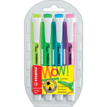 STABILO Swing cool 4er Etui Leuchtmarker; 4 Farben sortiert; 1 + 4 mm; Keilspitze; flaches Taschenmodell mit Clip 