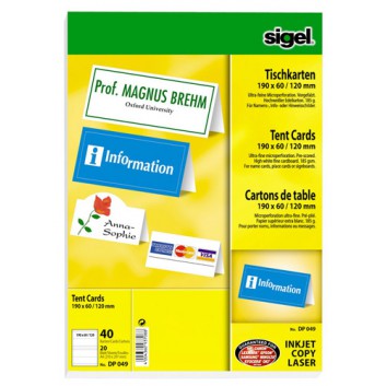  Sigel Tischkarten; 190 x 60/120 mm; hochweiß; DP049; 185 g; für Inkjet, Laser & Kopierer; microperforiert 